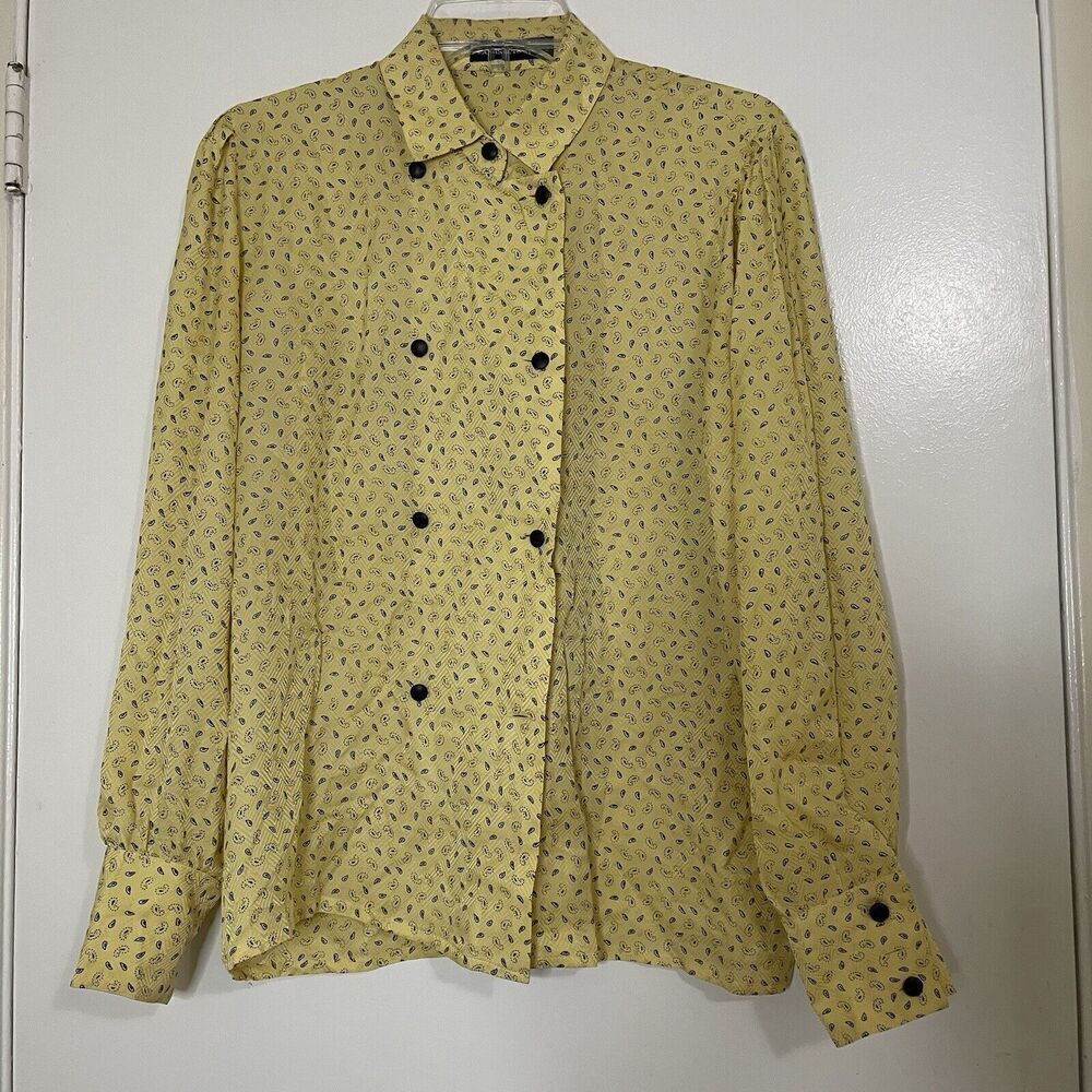 Vintage 80's Louis Feraud yellow silk paisley print double button up blouse US 8 - Picture 1 of 9